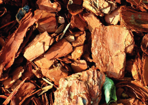 brown cedar wood mulch in a pile mixed with green leaves