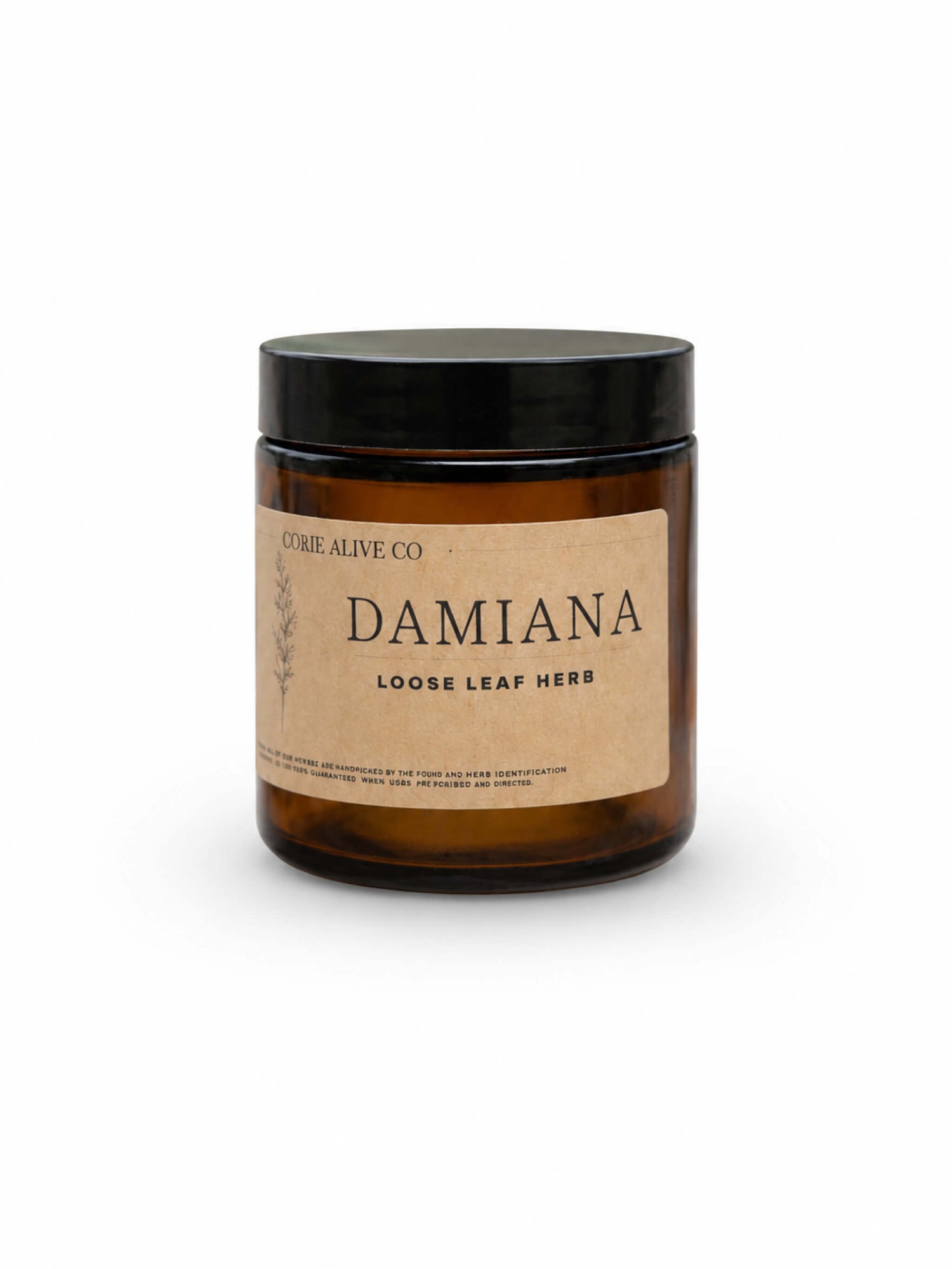Amber glass jar of Come Alive Co. Damiana loose leaf herb with a black lid and kraft paper label, centered on a clean white background.