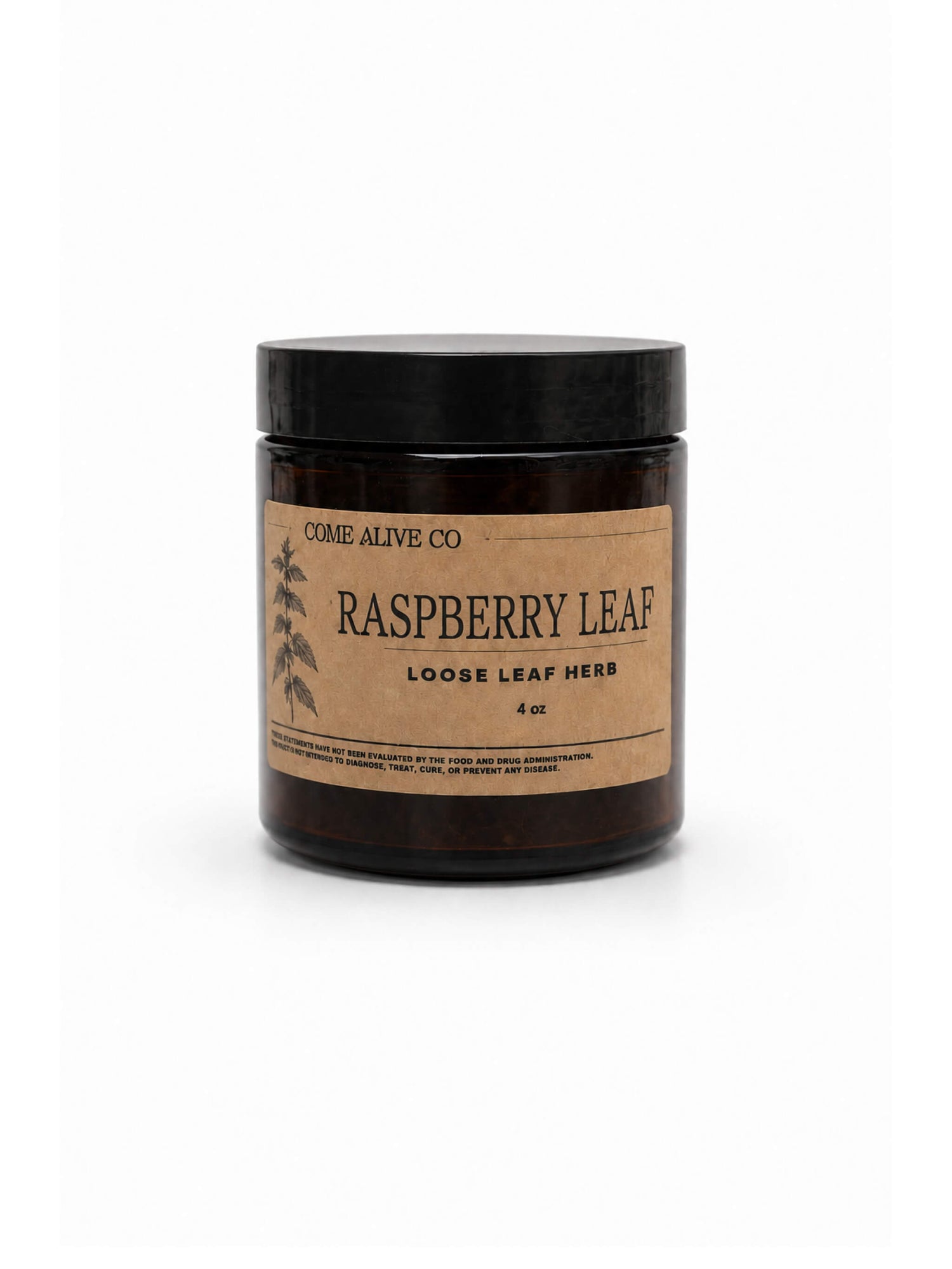 An amber glass jar of Come Alive Co. Raspberry Leaf Loose Leaf Herb with a black lid and a brown kraft paper label, set against a plain white background.