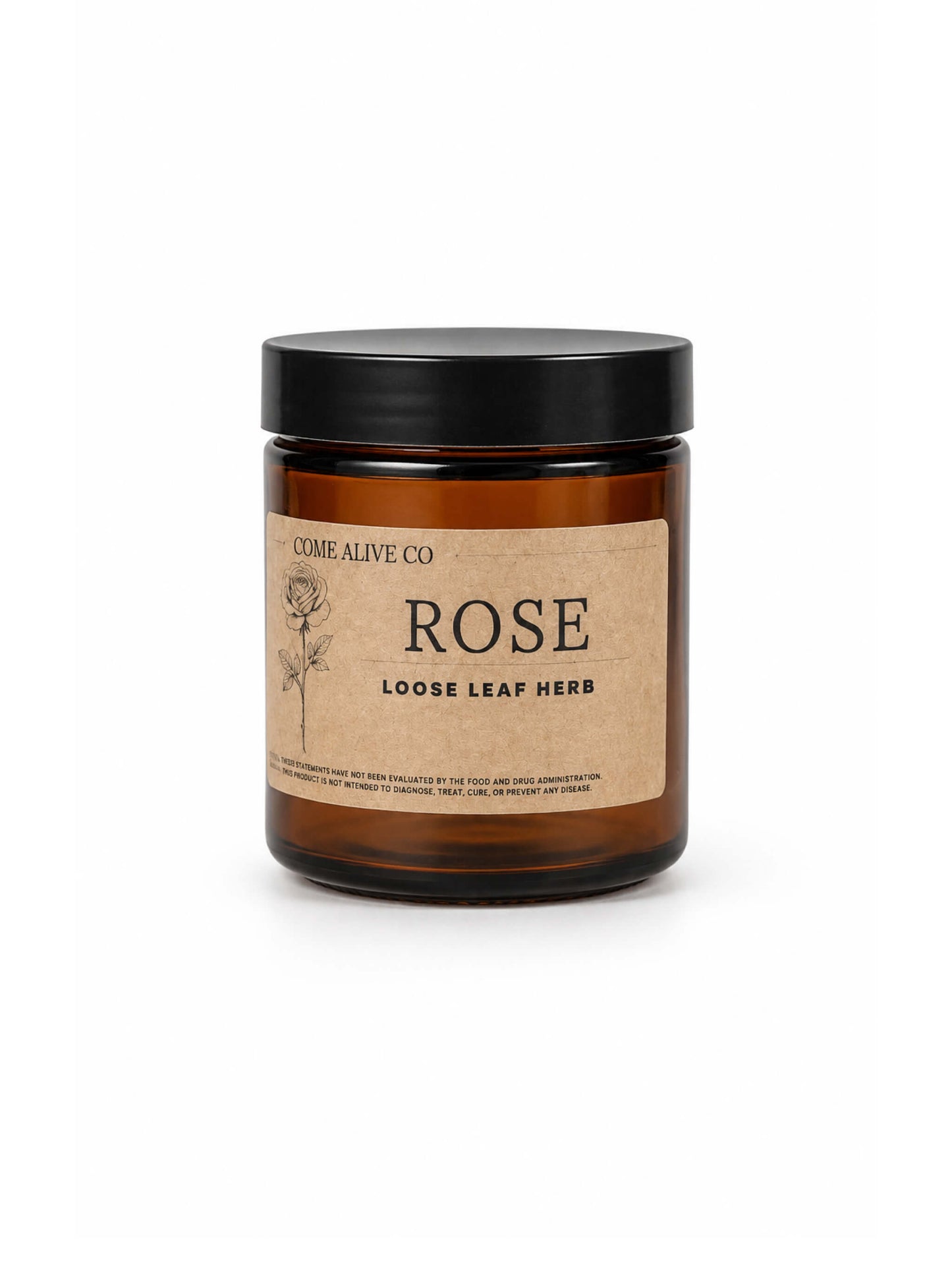 Amber glass jar of Come Alive Co. Rose loose leaf herb with a black lid and kraft paper label, centered on a clean white background.