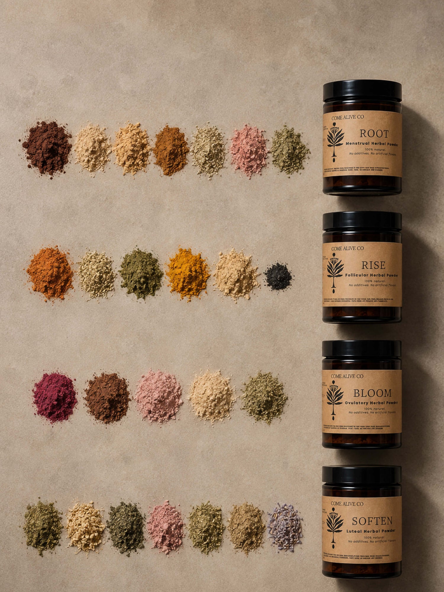 Four amber glass jars of herbal powder with kraft paper labels are arranged vertically on a textured beige background, next to four rows of corresponding dried botanical powder piles in various colors and textures.