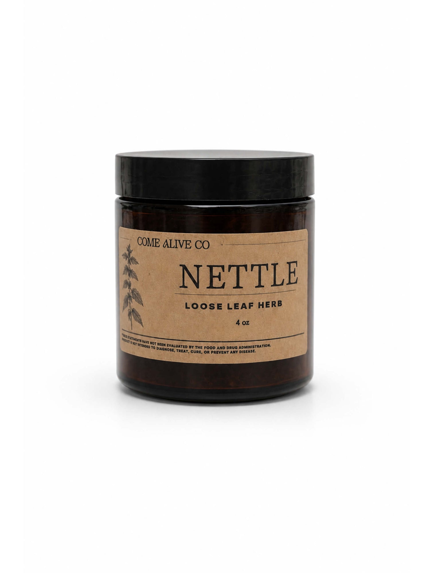 Amber glass jar of Come Alive Co. Nettle loose leaf herb with a black lid and kraft paper label, centered on a clean white background.