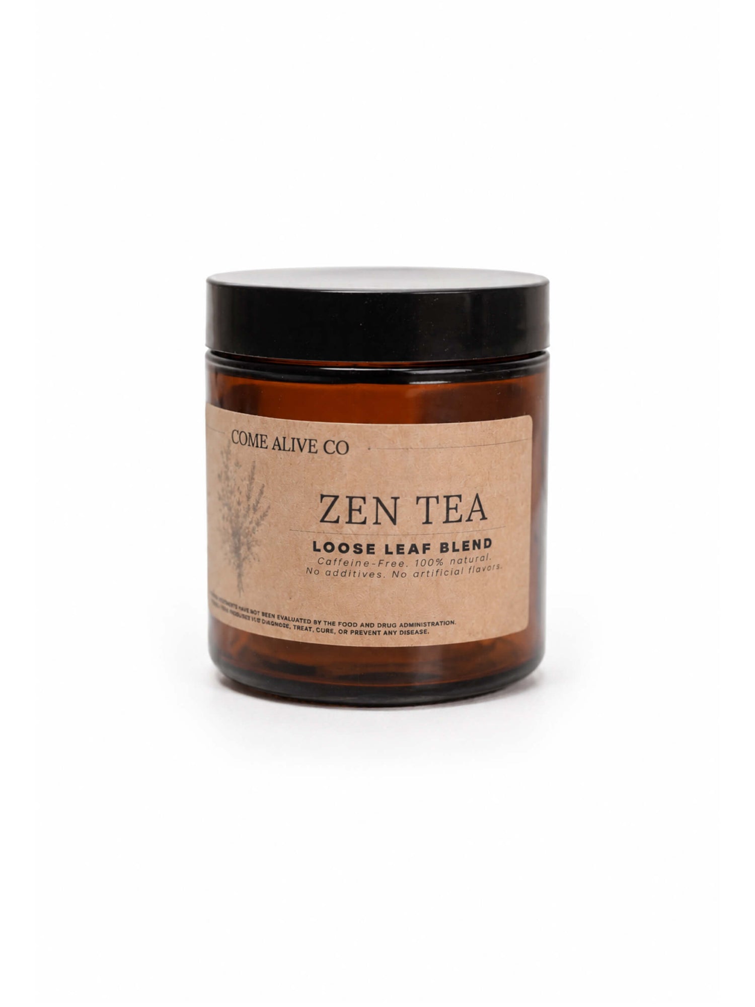 An amber glass jar candle with a black lid and a beige label reading 'COME ALIVE CO. ZEN TEA LOOSE LEAF BLEND' on a white background.