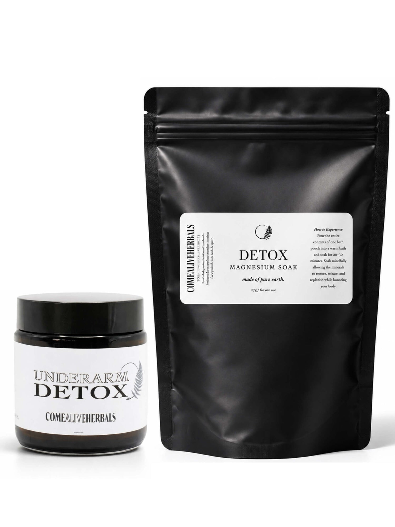 A product bundle containing a black jar of Underarm Detox and a large black stand-up pouch of ComelyHerbs Detox Magnesium Soak, both with white labels, on a white background.