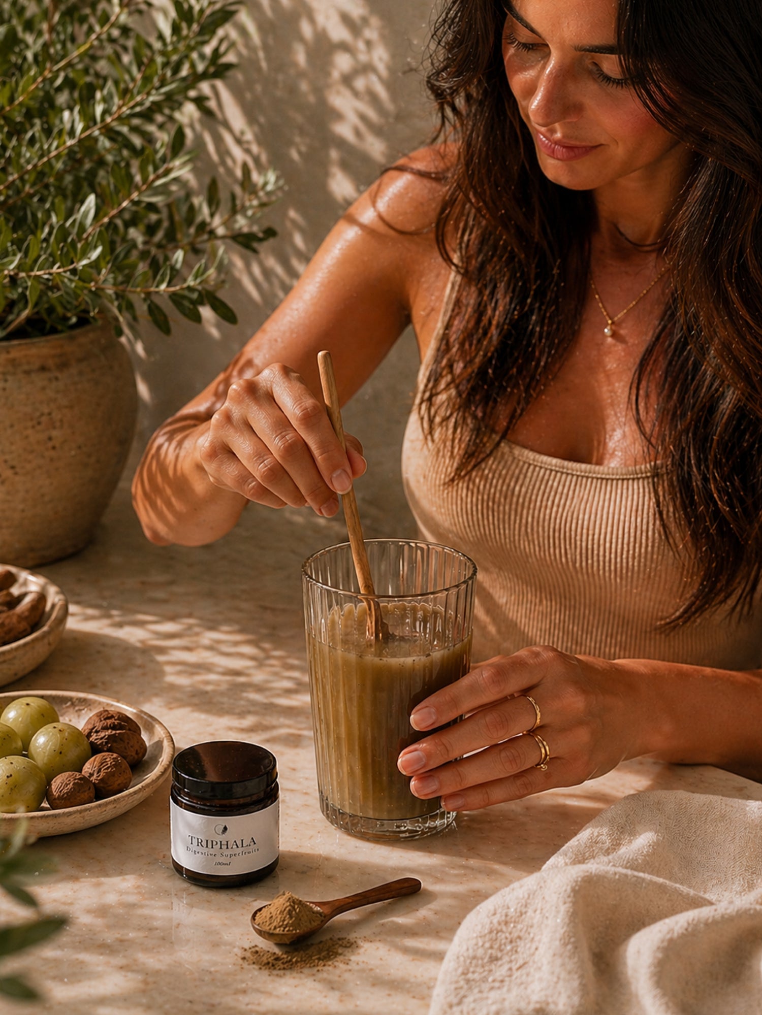 Mix 1 teaspoon of Triphala powder with warm water and drink on an empty stomach each morning. Allow this simple ritual to awaken your energy, nourish your gut, and align your body with balance.