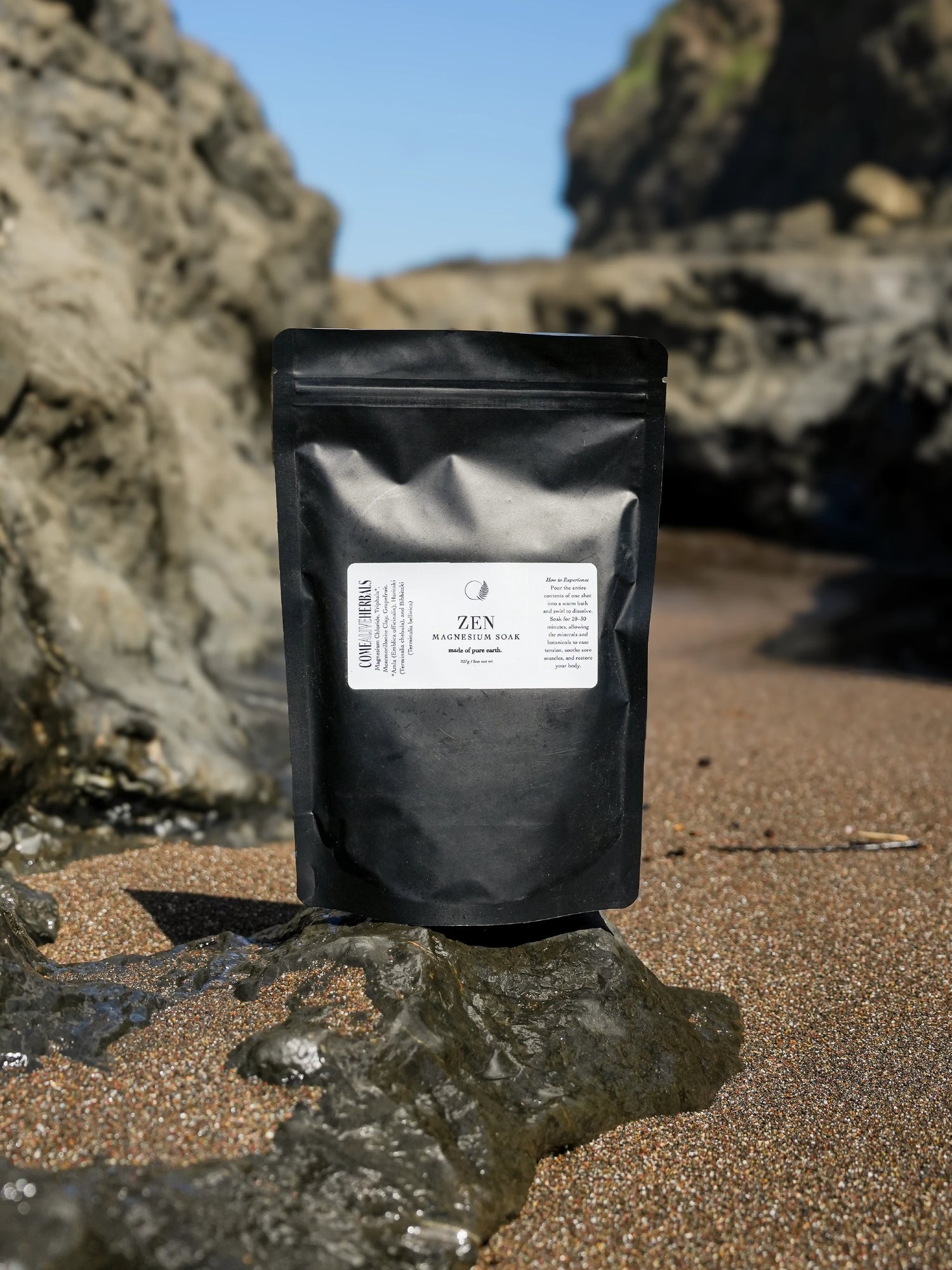 Come Alive Herbals Zen Magnesium Soak 8oz – relaxing magnesium bath soak for stress relief and muscle recovery in resealable bag