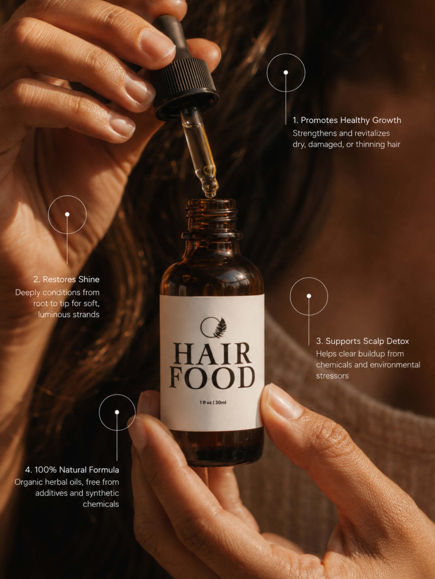 A person holds an amber glass dropper bottle labeled HAIR FOOD, with the dropper above the bottle. The scene is warmly lit and includes text callouts about hair benefits.