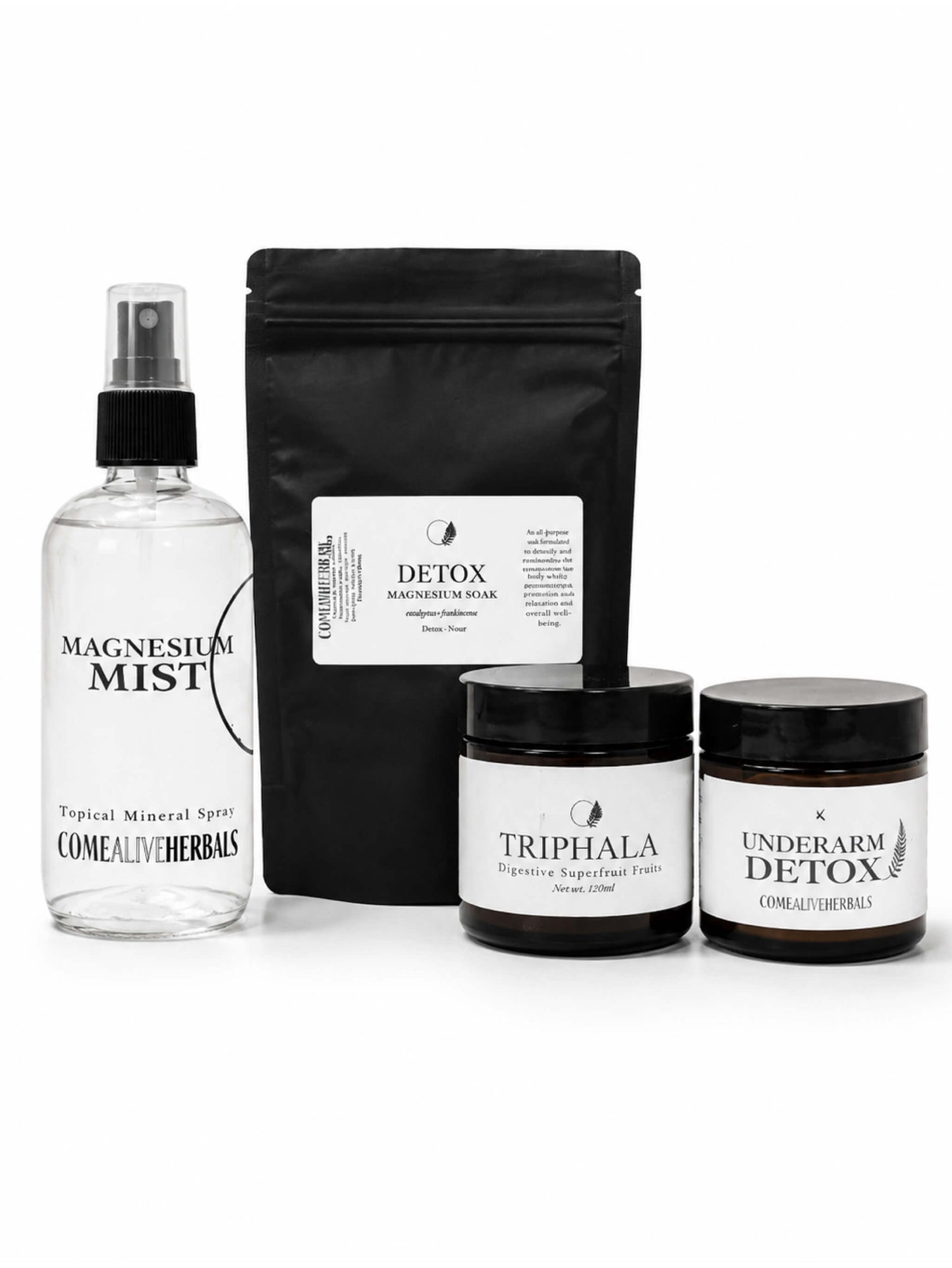 A full-body detox ritual to support cleansing, circulation, and renewal.
This bundle combines Magnesium Mist, Triphala, Detox Soak, and Underarm Detox to help draw out impurities, support the body’s natural detox pathways, and restore balance from head to toe through simple daily rituals.