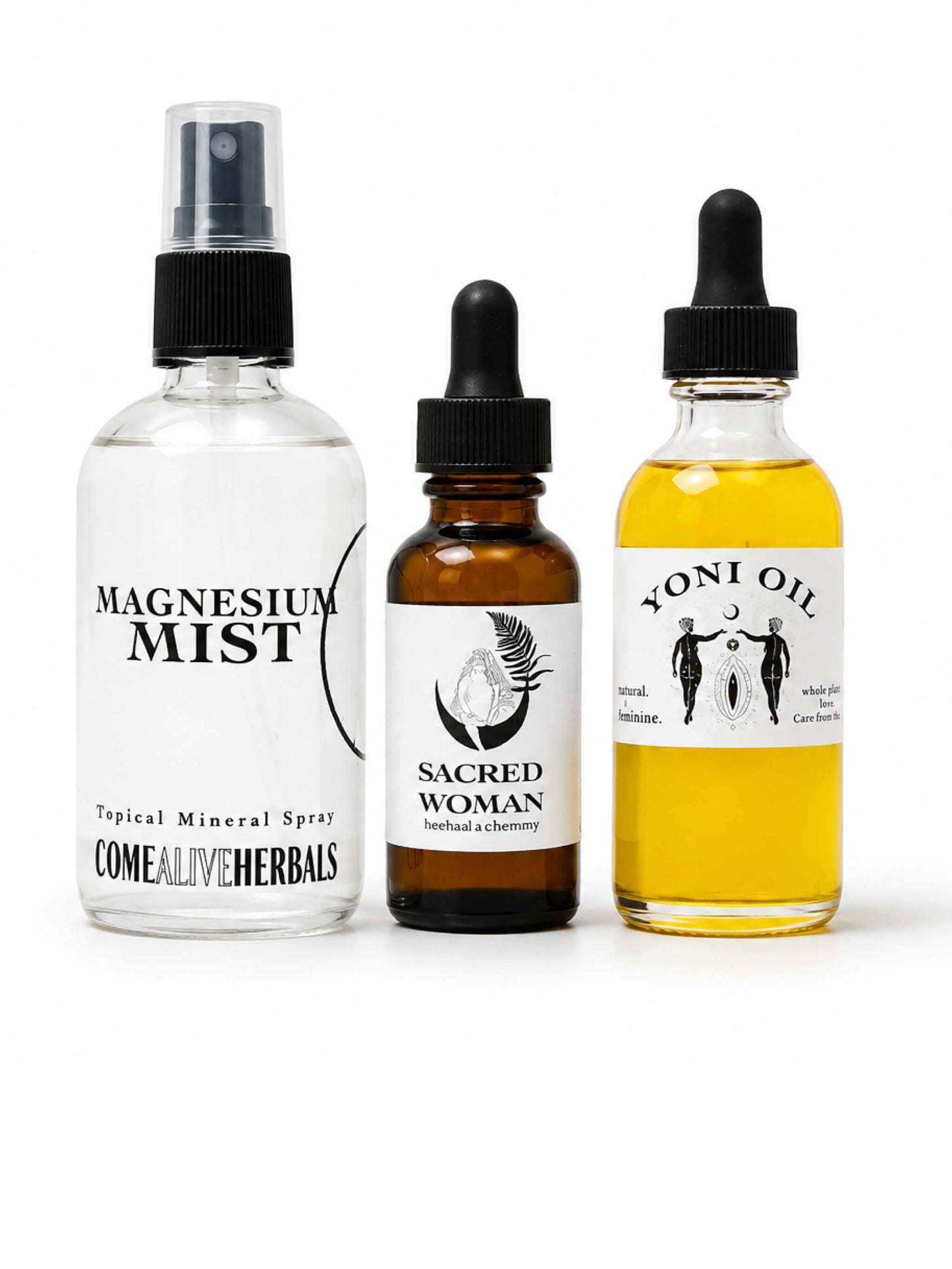 A nourishing daily ritual for womb, hormone, and nervous system support.
This bundle combines Sacred Woman, Yoni Oil, and Magnesium Mist to support hormonal balance, ease tension, and encourage embodied feminine wellness through gentle, plant-based care.