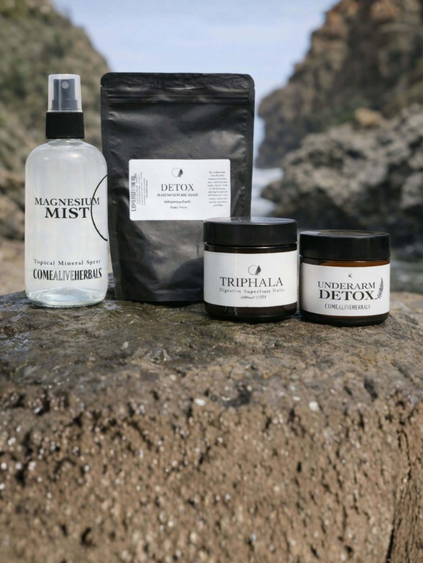 Love Your Body Detox Bundle with Magnesium Mist, Triphala, Detox Soak, and Underarm Detox for full-body cleansing and renewal