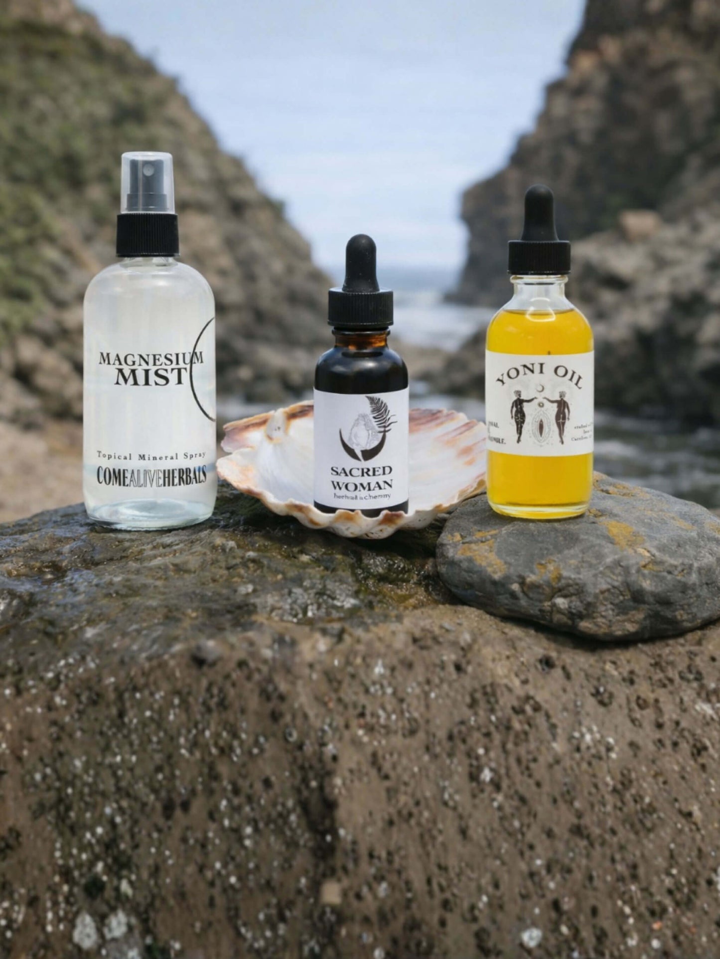 Love Your Womb Wellness Bundle with Sacred Woman tincture, Yoni Oil, and Magnesium Mist for hormone balance and feminine self-care