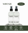 Two bottles of Magnesium Mist sitting on a rock with a white background with promotional text (Save $21) and branding elements( All organic, no chemicals, herbalist formula, made in USA) in a green ribbon underneath. Ritual size 2 pack overs a great value deal. Save on every spray with our family 2 pack. Our family size 4 pack is the best value on magnesium in the market. Save the most with each spray with our 2 bottle family pack.