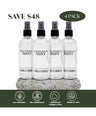 Four clear spray bottles labeled MAGNESIUM MIST arranged on a gray stone slab against a white background, with promotional text reading SAVE $48 and 4 PACK, plus a dark green banner at the bottom with organic, no chemicals, herbalist formulated, and made in USA icons.