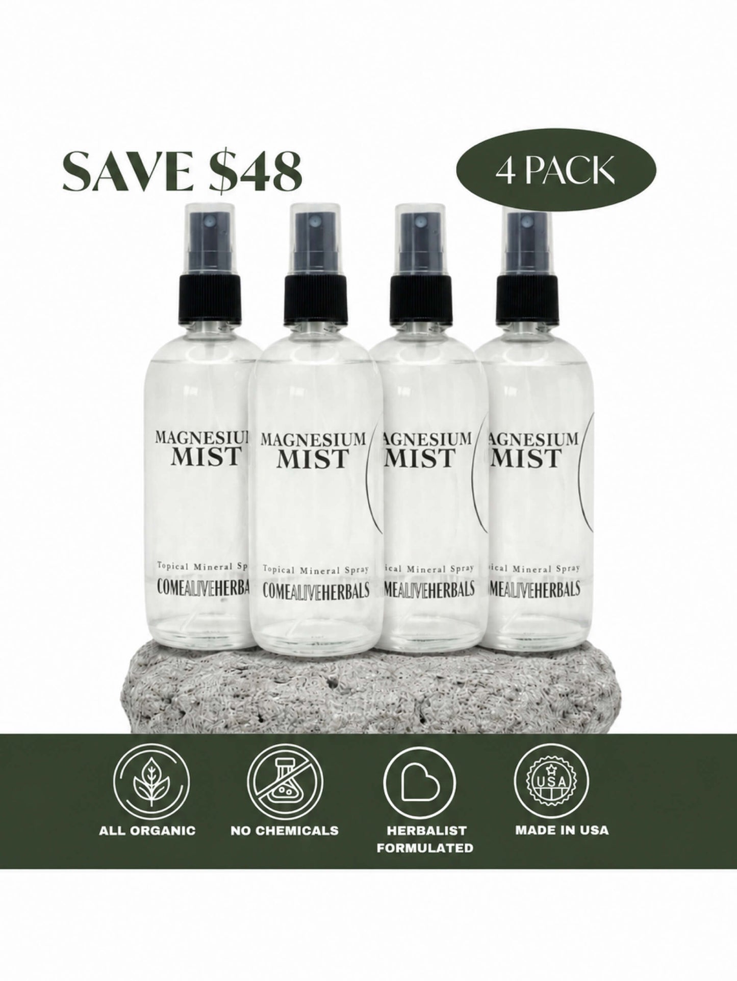 Four clear spray bottles labeled MAGNESIUM MIST arranged on a gray stone slab against a white background, with promotional text reading SAVE $48 and 4 PACK, plus a dark green banner at the bottom with organic, no chemicals, herbalist formulated, and made in USA icons.